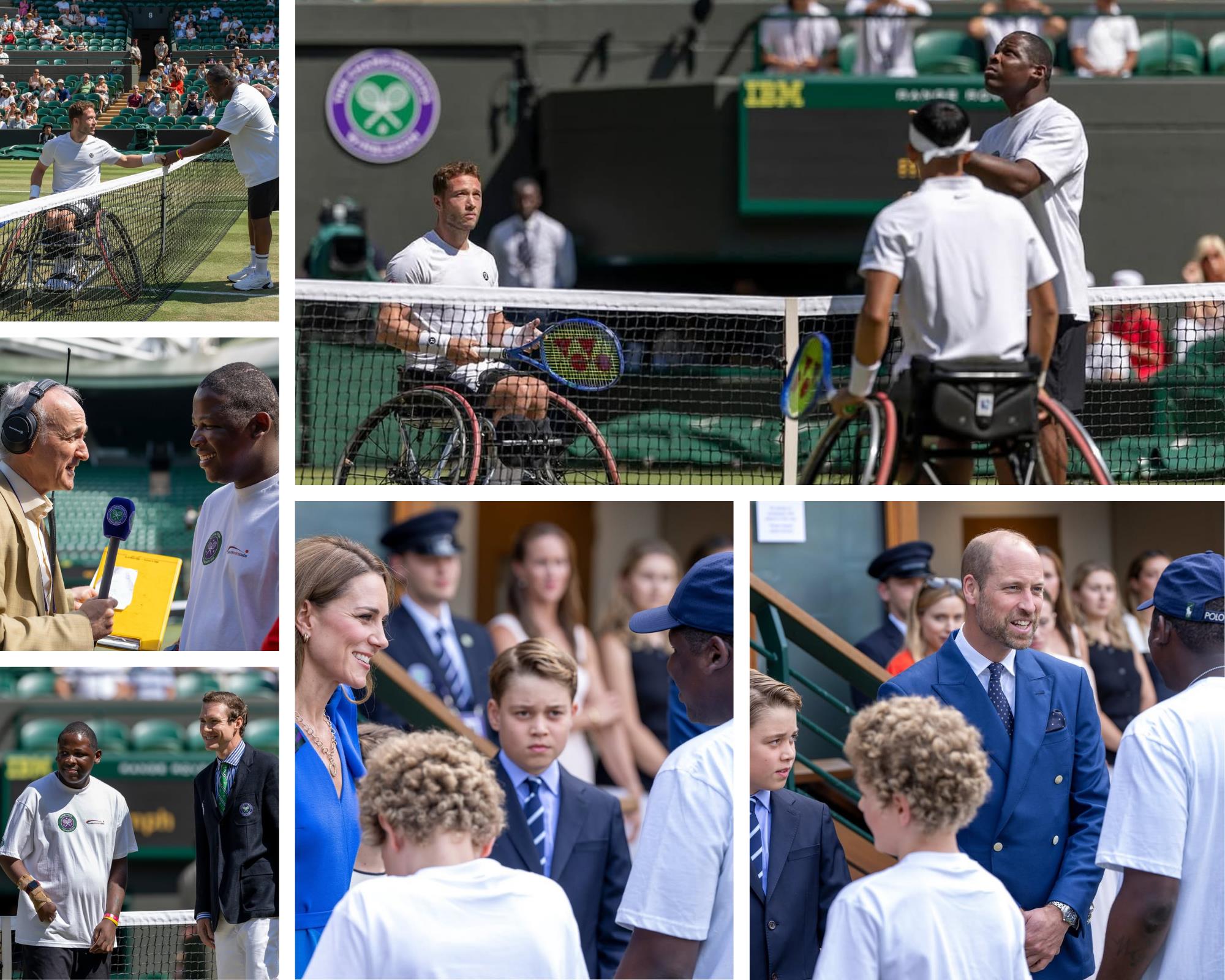 A collage of photos showing one of Disability Sports Coach's members, Temi, conducting the Coin Toss at the Men's Singles Wheelchair Final at the Wimbledon Championship